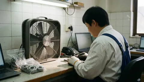 Technicien réparant un ventilateur avec des roulements neufs sur un établi, murs carrelés blancs, éclairage vif et espace pour texte à droite.