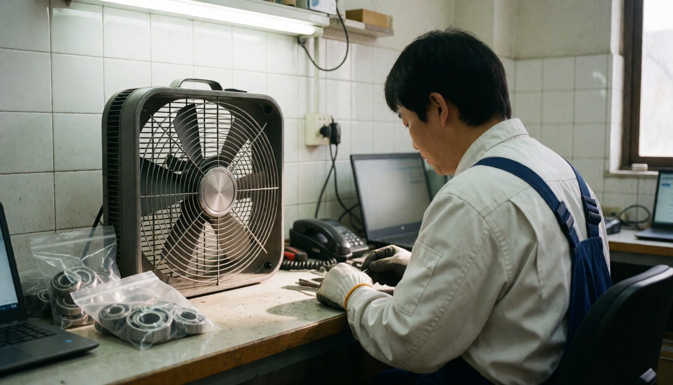 Technicien réparant un ventilateur avec des roulements neufs sur un établi, murs carrelés blancs, éclairage vif et espace pour texte à droite.