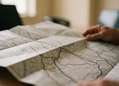 Des mains tenant une carte de ville avec des itinéraires tracés sur un fond flou, idéal pour un hostel ou un service touristique.