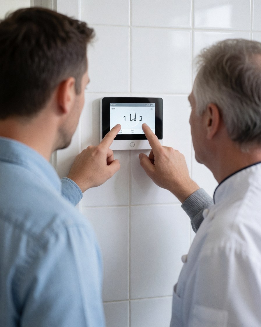 Deux hommes règlent un thermostat intelligent sur un mur de carreaux blancs, illustrant une installation de chauffage en cours.