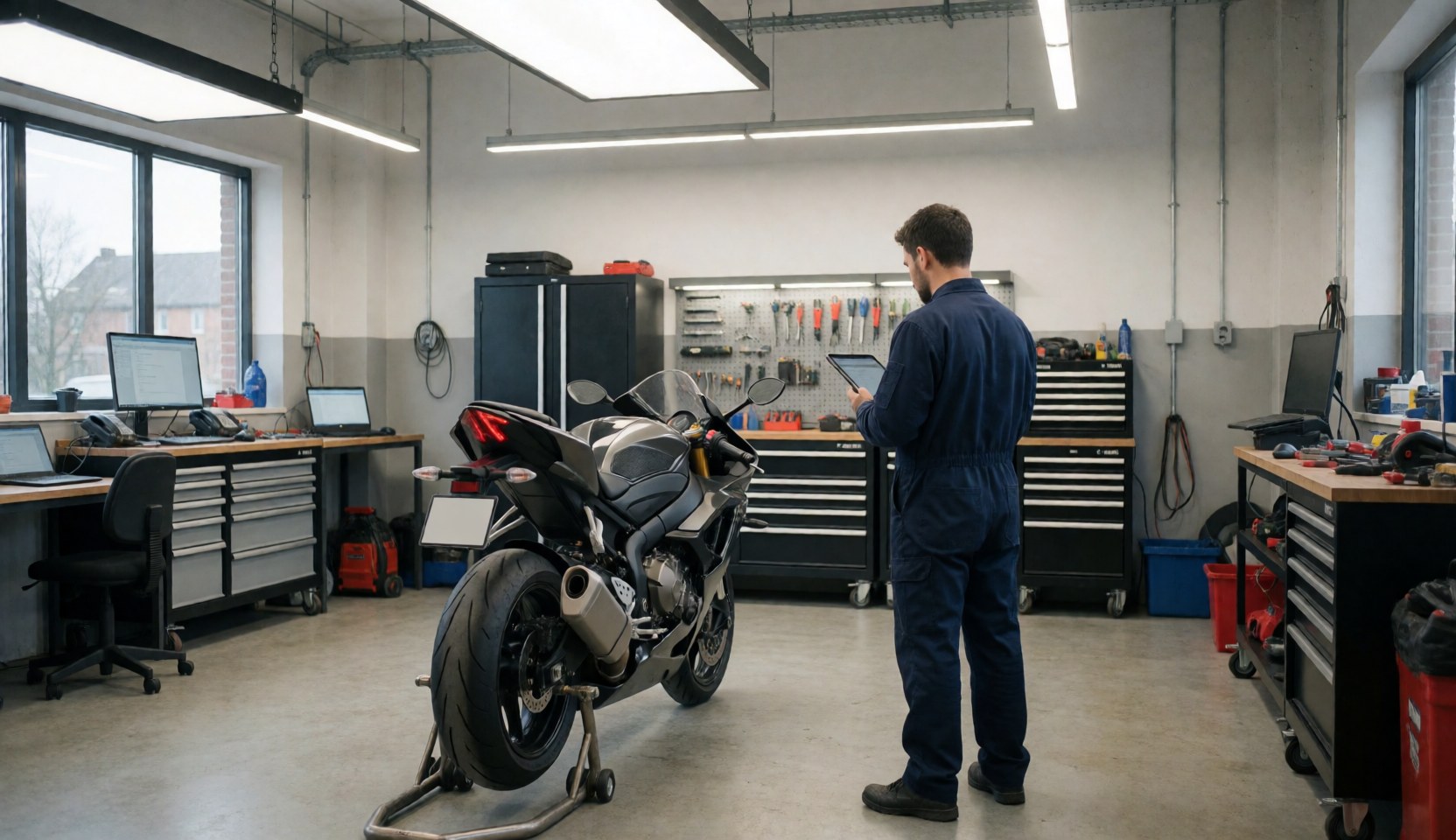 Un mécanicien en uniforme examine une moto sportive dans un atelier moderne équipé d'éclairage LED et d'outils rangés au mur.