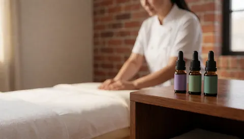 Trois bouteilles d'huiles essentielles posées sur une table en bois, devant une table de massage blanche et un mur en briques avec lumière naturelle.