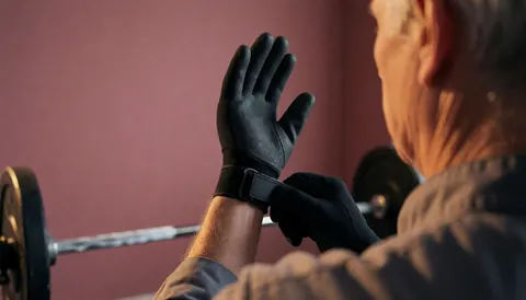 Un senior ajuste ses gants de musculation noirs avant de soulever des poids, sur fond rose avec éclairage chaleureux, évoquant la préparation physique.