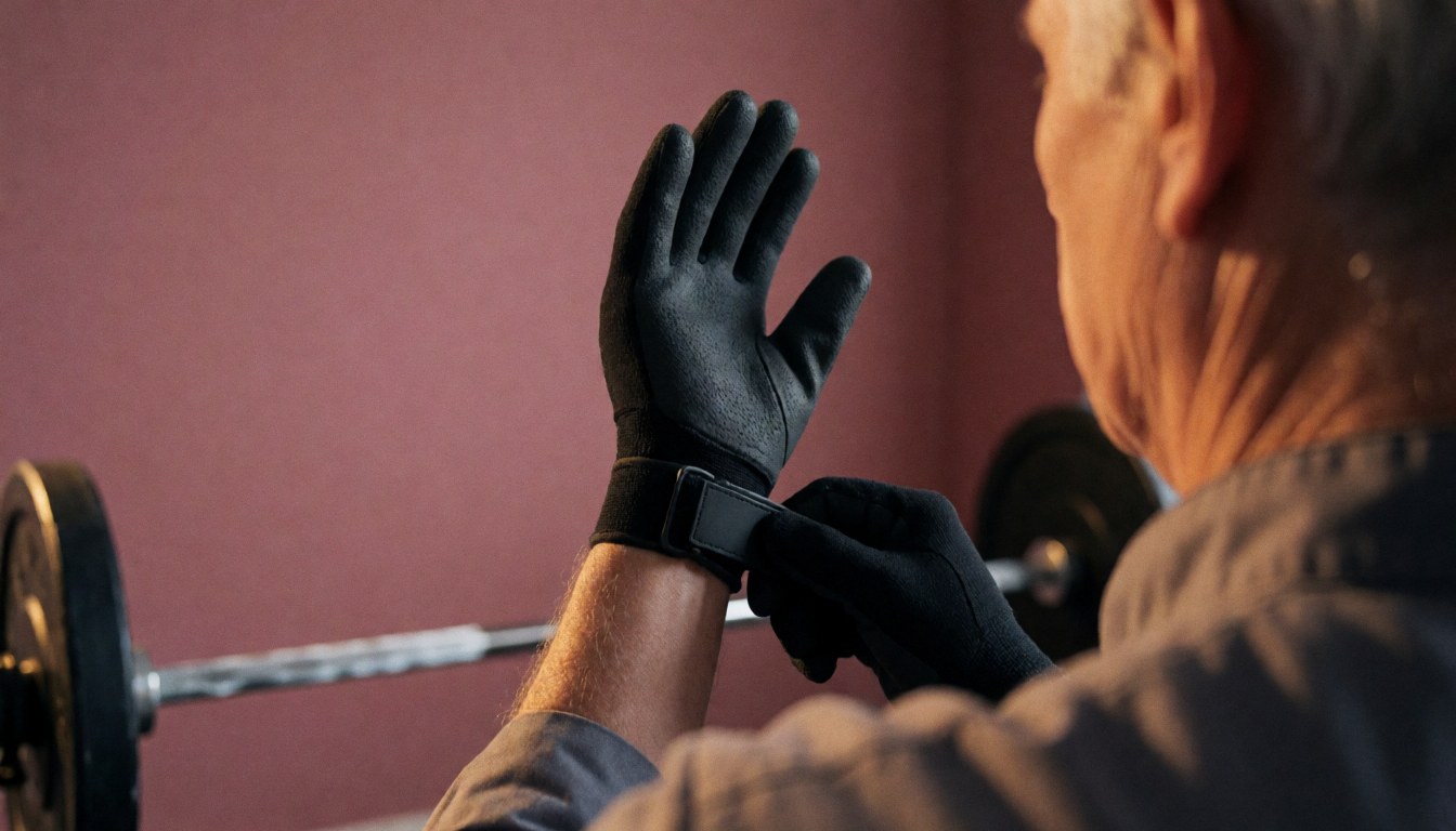 Un senior ajuste ses gants de musculation noirs avant de soulever des poids, sur fond rose avec éclairage chaleureux, évoquant la préparation physique.
