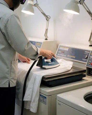 Une personne utilise un fer à repasser électrique sur une chemise blanche posée sur une machine dans une laverie aux murs blancs et à l'éclairage professionnel.