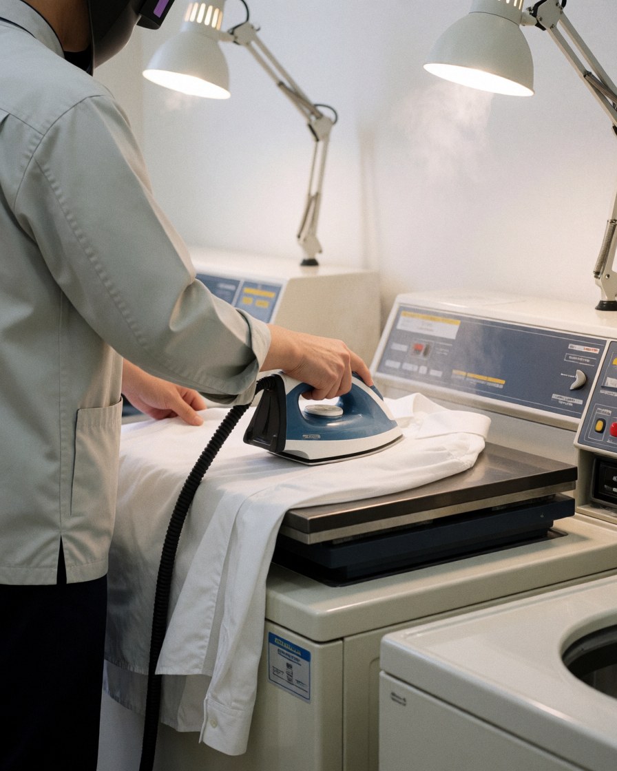 Une personne utilise un fer à repasser électrique sur une chemise blanche posée sur une machine dans une laverie aux murs blancs et à l'éclairage professionnel.