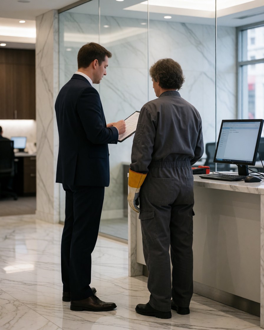 Un professionnel et un technicien de sécurité consultent un document dans un hall de bureau moderne avec sol en marbre et ordinateur.