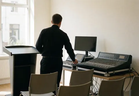 Un technicien du son ajuste un mélangeur professionnel dans une salle de réunion avec des chaises vides et un podium, des murs blancs et une lumière naturelle.
