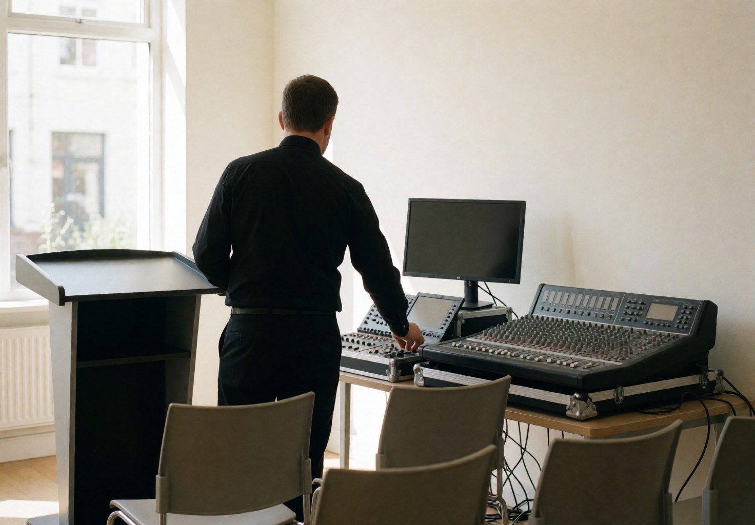 Un technicien du son ajuste un mélangeur professionnel dans une salle de réunion avec des chaises vides et un podium, des murs blancs et une lumière naturelle.