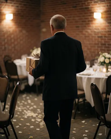 Un homme de dos transporte une boîte cadeau dans un grand salon de banquet avec des tables couvertes de nappes blanches et des pétales dispersés sur le sol.