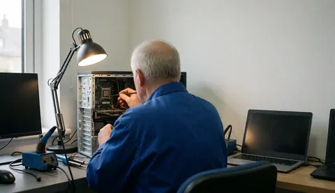 Un technicien répare un ordinateur de bureau avec un fer à souder et des outils dans un atelier éclairé par une lampe de bureau.