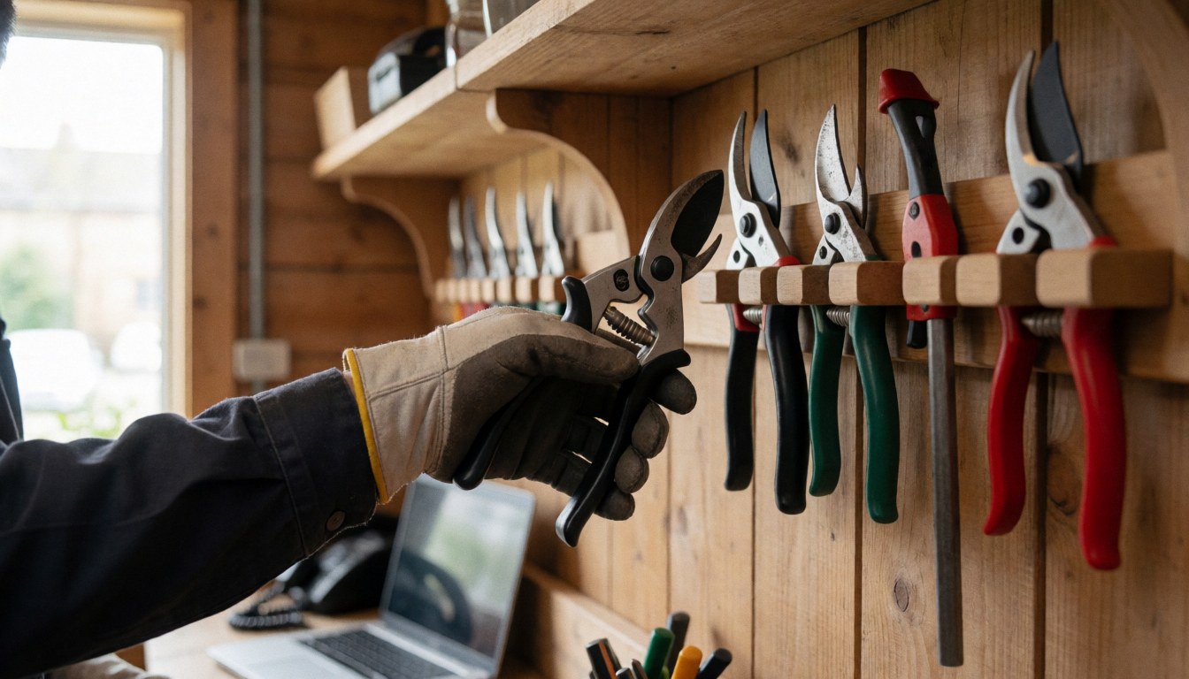 Main portant un gant de protection tenant une tondeuse de jardin devant un mur en bois avec des outils rangés dans un atelier bien éclairé.