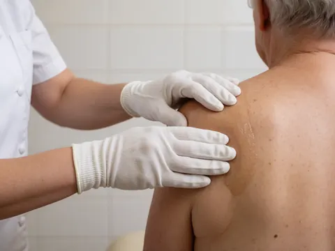 Un thérapeute en train d'appliquer de l'huile sur l'épaule d'un client âgé dans une salle de traitement.