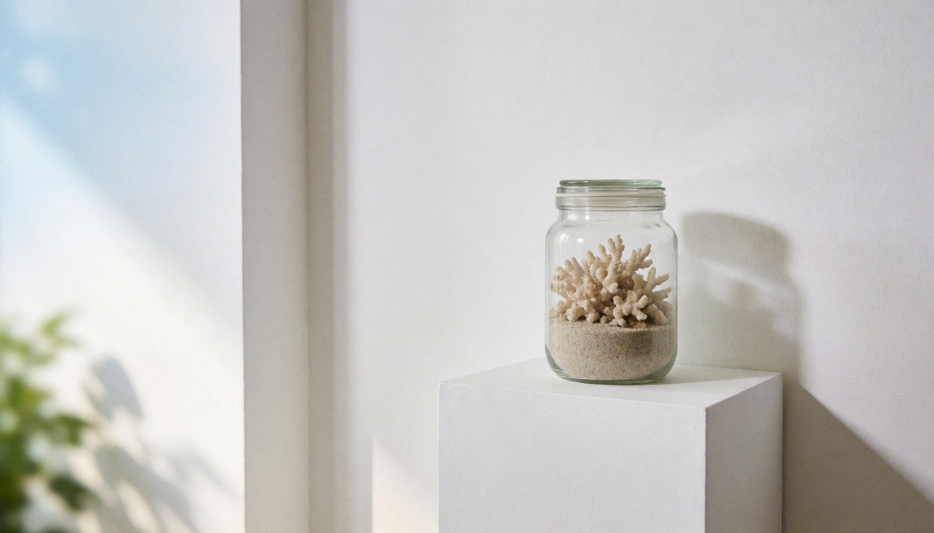 Vase en corail posé sur un piédestal blanc, idéal pour un photographe sous-marin, éclairage naturel et fond blanc.