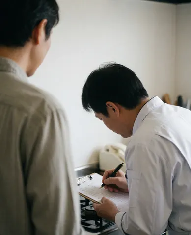 Un technicien en uniforme blanc note un diagnostic sur une cuisinière pendant qu'un client observe la scène de réparation.