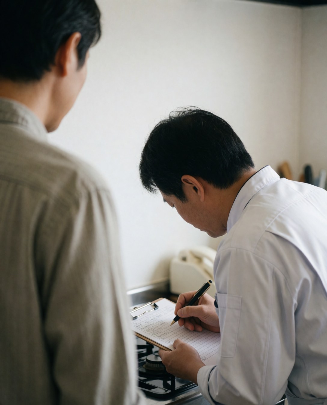 Un technicien en uniforme blanc note un diagnostic sur une cuisinière pendant qu'un client observe la scène de réparation.