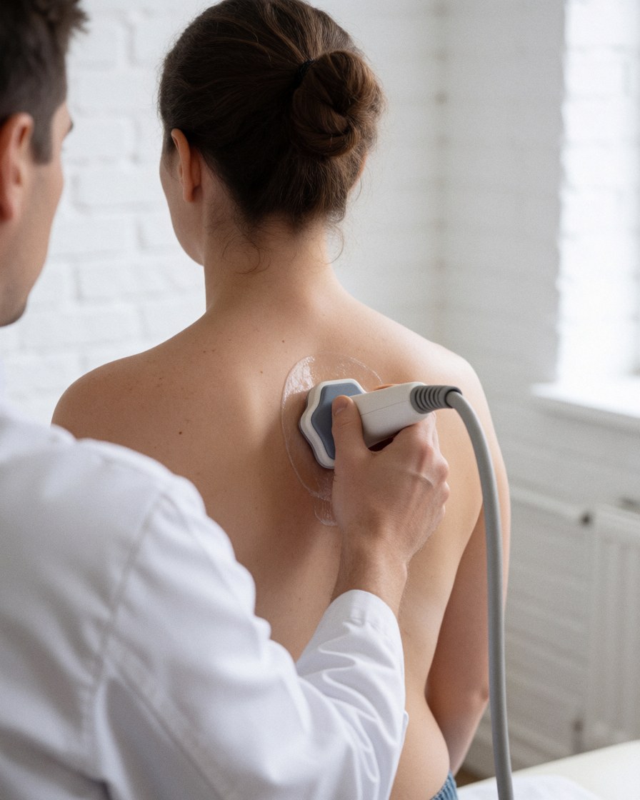 Un thérapeute applique un transducteur d'ultrasons sur le dos d'un client dans une clinique aux murs de briques blanches, dans un environnement professionnel et lumineux.