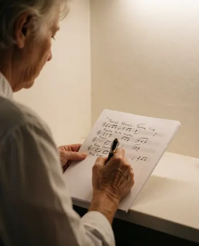 Un adulte compose des partitions de tango dans un espace lumineux aux murs clairs, illustrant l'apprentissage musical en cours.