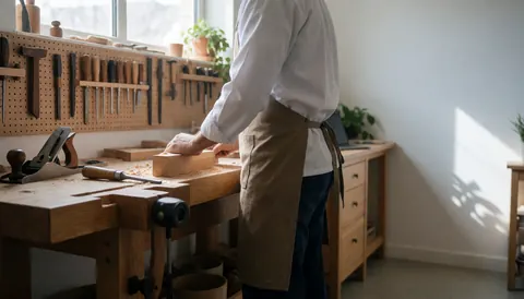 Atelier de menuiserie avec outils suspendus, artisan en tablier travaillant à une table en bois baignée de lumière naturelle.