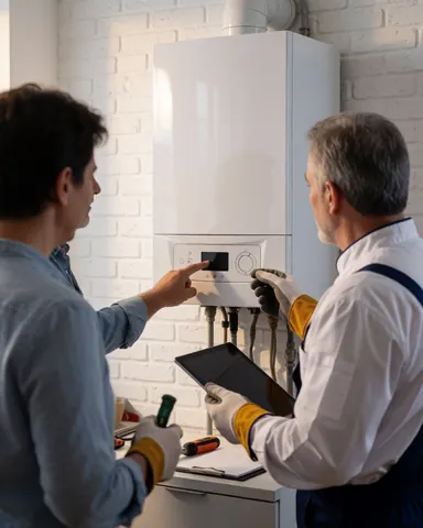 Un technicien et un client examinent un chauffe-eau blanc installé sur un mur de briques blanches, avec des outils et une tablette.