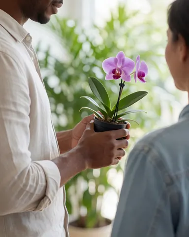 Un client reçoit une orchidée dans un parc écologique, entouré de végétation et de lumière naturelle, idéal pour promouvoir des services de jardinage.