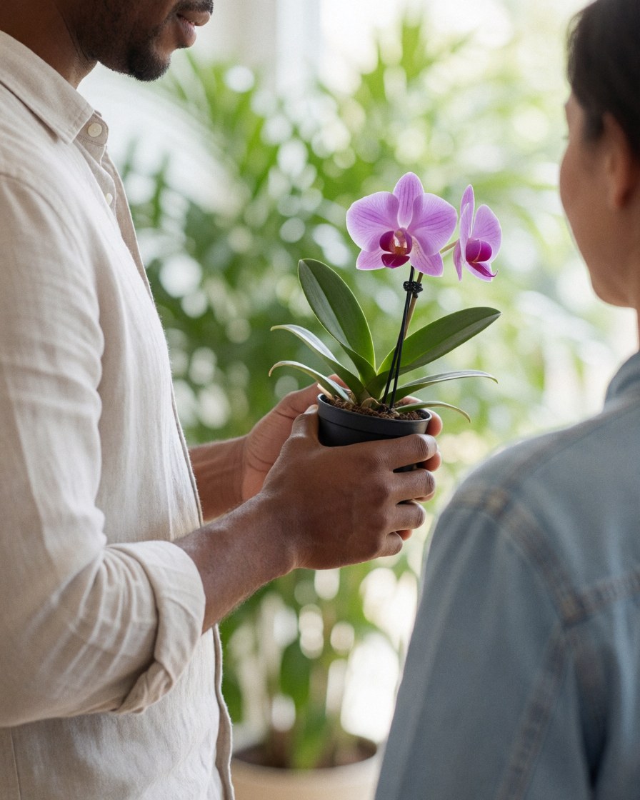 Un client reçoit une orchidée dans un parc écologique, entouré de végétation et de lumière naturelle, idéal pour promouvoir des services de jardinage.