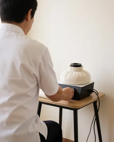 Un professionnel ajuste un équipement de chaleur thérapeutique sur une table dans un environnement propre et professionnel dédié à l'hypnothérapie.