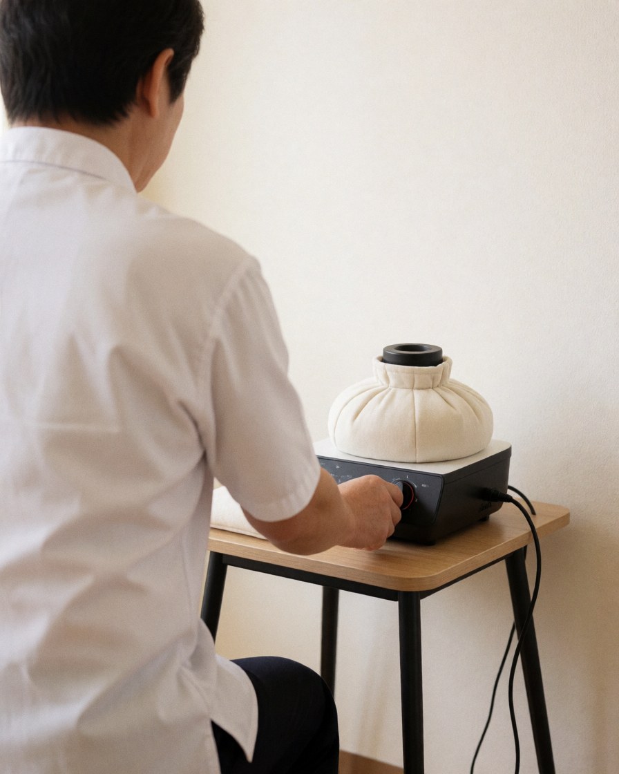 Un professionnel ajuste un équipement de chaleur thérapeutique sur une table dans un environnement propre et professionnel dédié à l'hypnothérapie.