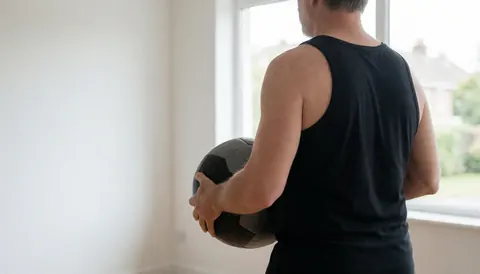 Un homme adulte effectuant un exercice de force avec une medicine ball dans un gymnase lumineux aux murs blancs, adapté pour une page d'accueil de site web.