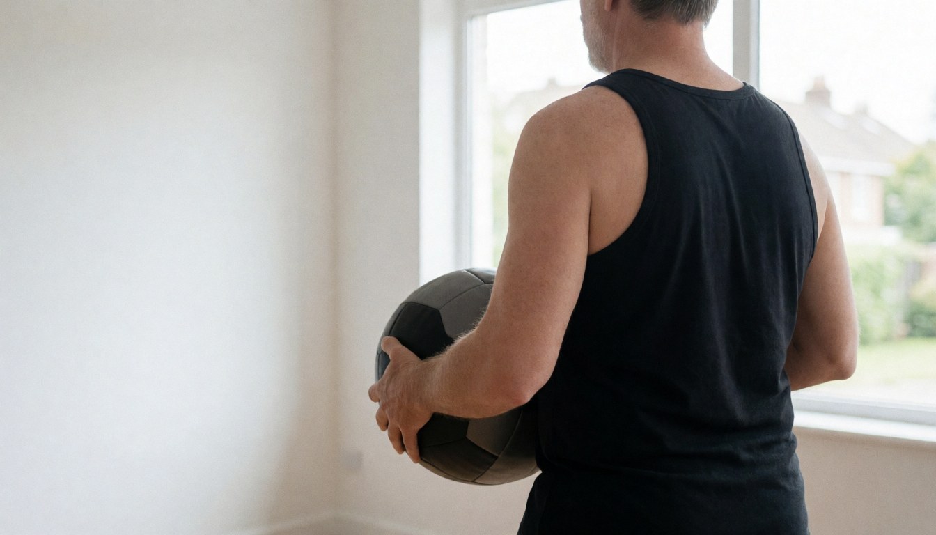 Un homme adulte effectuant un exercice de force avec une medicine ball dans un gymnase lumineux aux murs blancs, adapté pour une page d'accueil de site web.