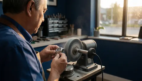Un horloger dans son atelier polissant une montre avec un tour de polissage, des murs bleus et une lumière naturelle entrant par la fenêtre.
