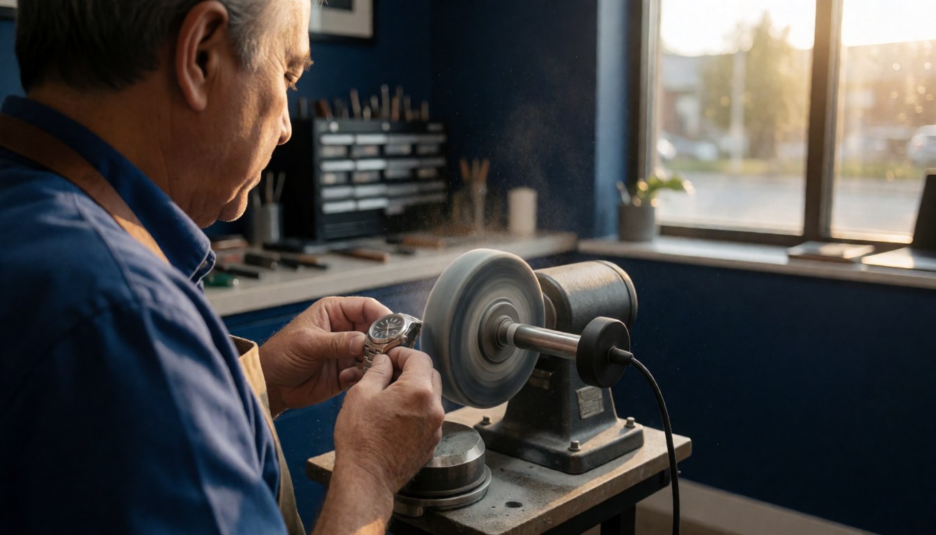 Un horloger dans son atelier polissant une montre avec un tour de polissage, des murs bleus et une lumière naturelle entrant par la fenêtre.