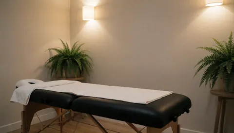 Intérieur d'un spa avec table de massage noire, serviettes blanches, plantes vertes, murs neutres et éclairage chaleureux.