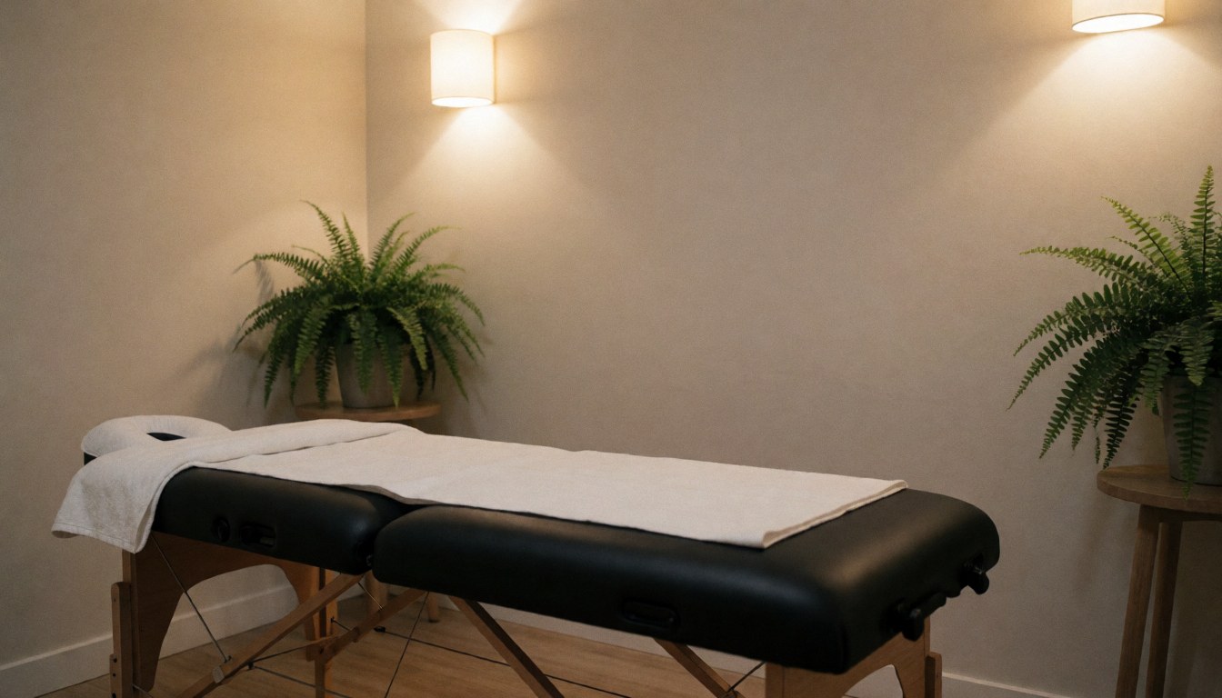 Intérieur d'un spa avec table de massage noire, serviettes blanches, plantes vertes, murs neutres et éclairage chaleureux.
