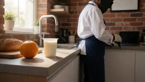 Cuisine moderne avec mur en briques, fruits frais et boisson dans un verre posés sur le comptoir, idéale pour un apart-hôtel.
