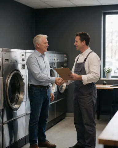 Un technicien en tablier et un client signent un contrat de réparation de sèche-linge dans une laverie moderne aux murs gris.