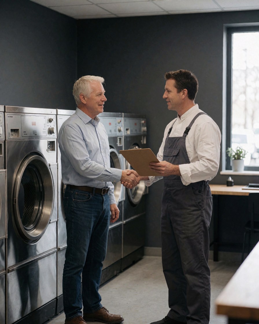 Un technicien en tablier et un client signent un contrat de réparation de sèche-linge dans une laverie moderne aux murs gris.