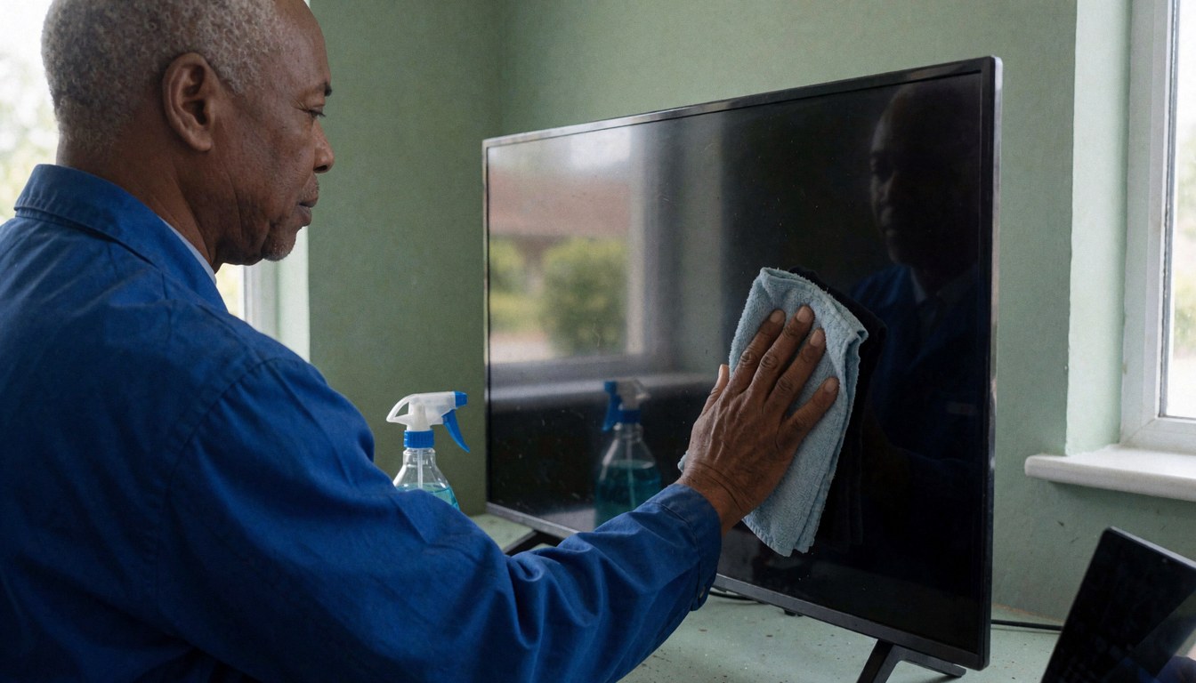 Un technicien en uniforme bleu effectue le nettoyage d'un écran de télévision à l'aide d'un chiffon en microfibre, dans un environnement professionnel.