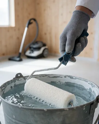 Une main portant un gant gris nettoie un rouleau de peinture dans un seau métallique rempli d'eau, sur un fond de murs en bois clair.