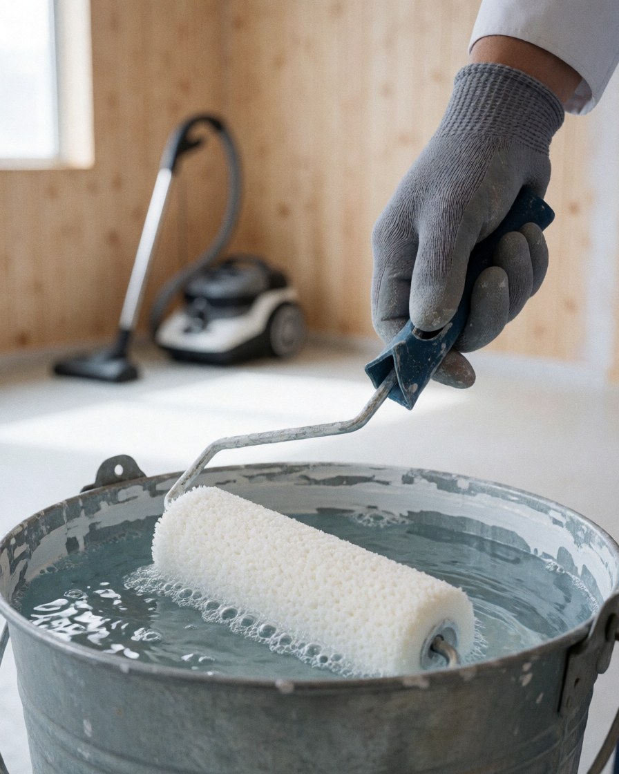 Une main portant un gant gris nettoie un rouleau de peinture dans un seau métallique rempli d'eau, sur un fond de murs en bois clair.