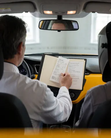 Un chauffeur de taxi inscrit manuellement un reçu dans un carnet de registre à l'intérieur de son véhicule jaune, avec vue sur le rétroviseur.