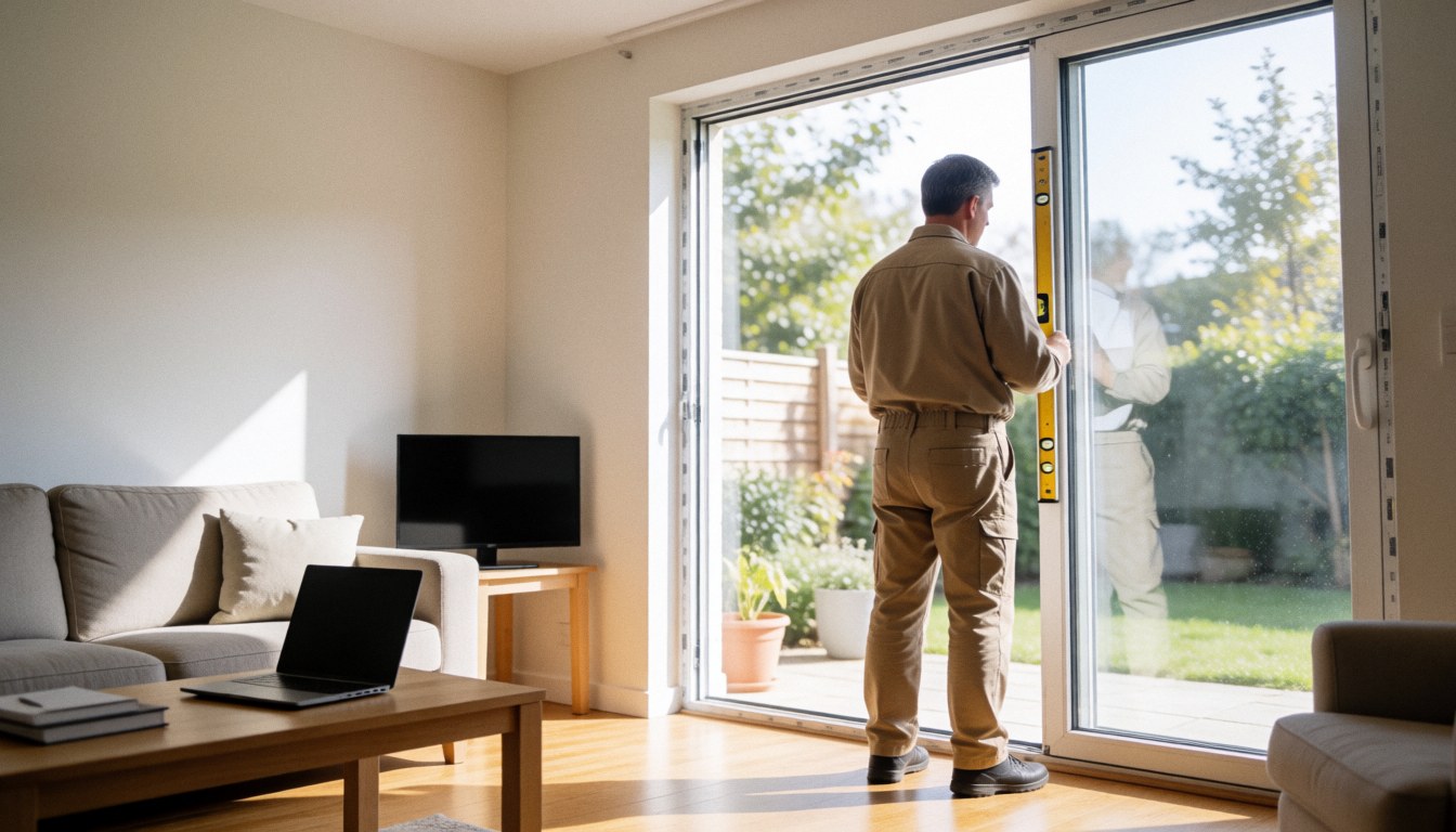 Un professionnel mesure un cadre en aluminium avec un niveau à bulle vertical dans un intérieur moderne baigné de lumière naturelle.