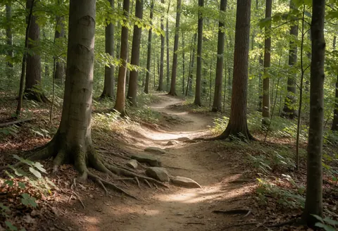 Chemin de terre parsemé de racines et de rochers au milieu d'une forêt dense, offrant un arrière-plan naturel pour du texte.