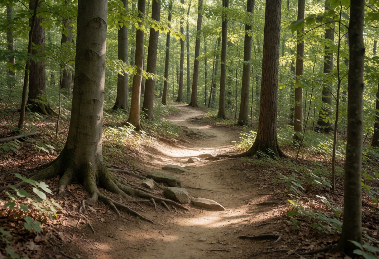 Chemin de terre parsemé de racines et de rochers au milieu d'une forêt dense, offrant un arrière-plan naturel pour du texte.