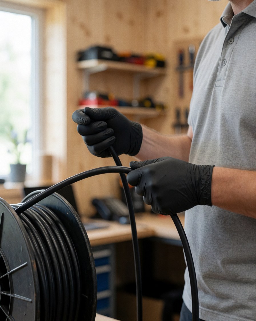 Un technicien en gants noirs extrait un câble coaxial noir d'une grande bobine dans un atelier en bois éclairé par la lumière naturelle.