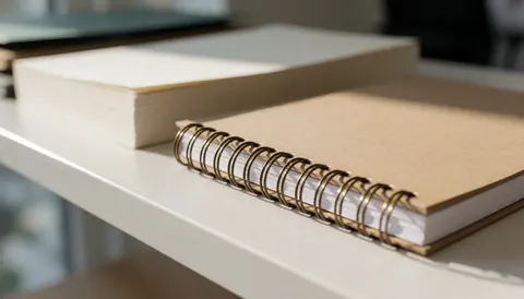 Cahier à spirale posé sur une étagère blanche, éclairé par la lumière naturelle, idéal pour les services de photocopie et de reliure.