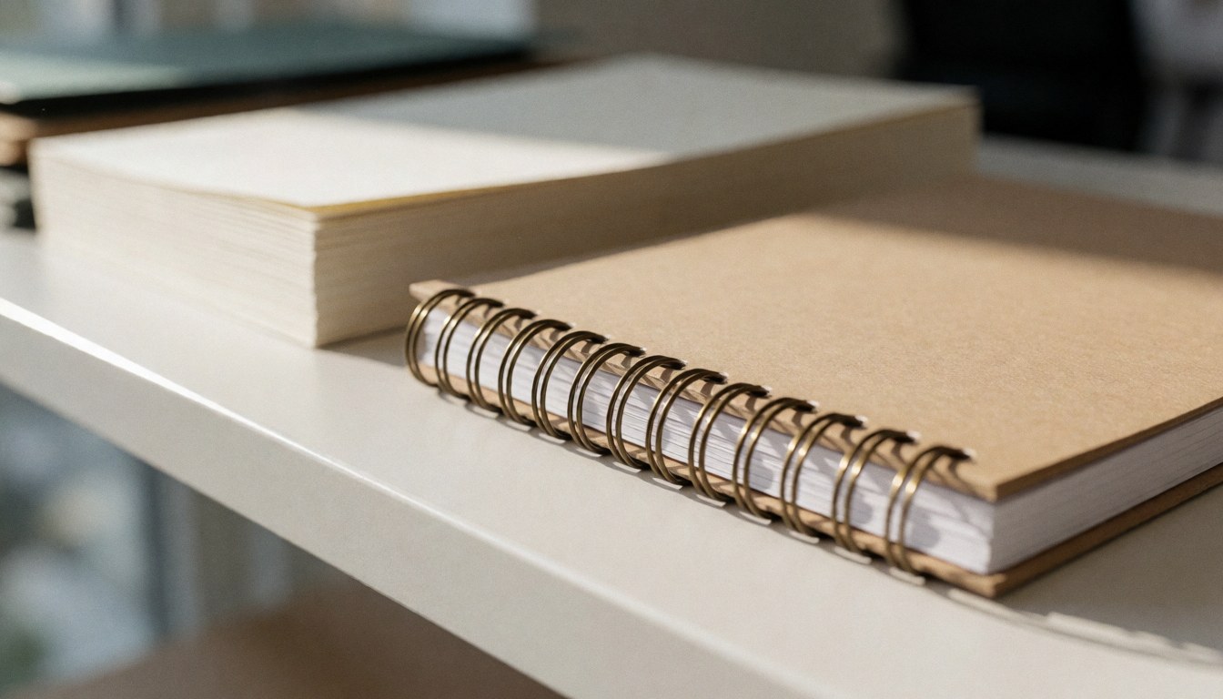 Cahier à spirale posé sur une étagère blanche, éclairé par la lumière naturelle, idéal pour les services de photocopie et de reliure.
