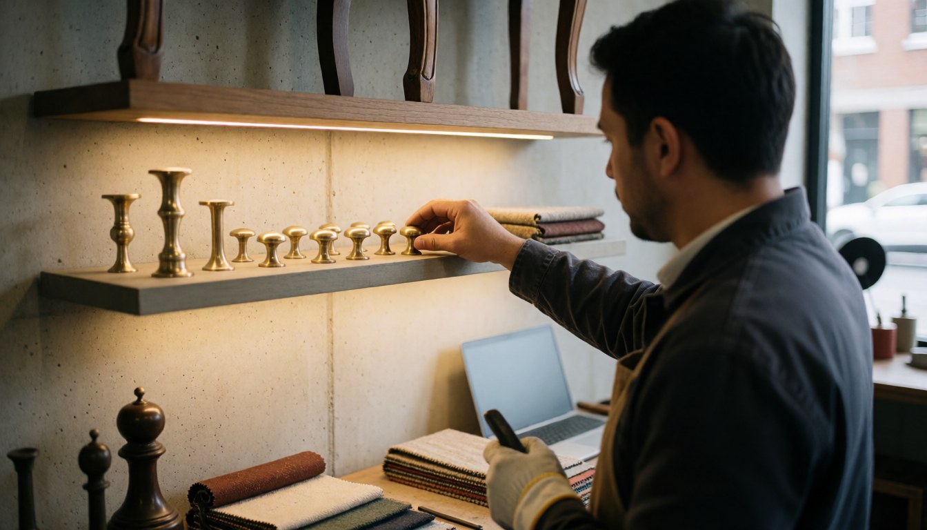 Un professionnel sélectionne une poignée en bronze dans un atelier de restauration de meubles avec tissu et étagères, mur en béton et lumière chaude.