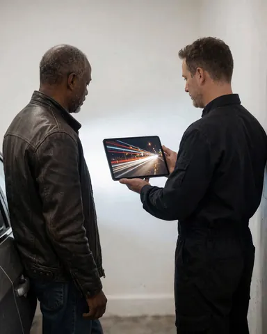 Un photographe cinétique présente à un client satisfait une image de longue exposition sur une tablette, près d'une voiture dans un atelier aux murs blancs.