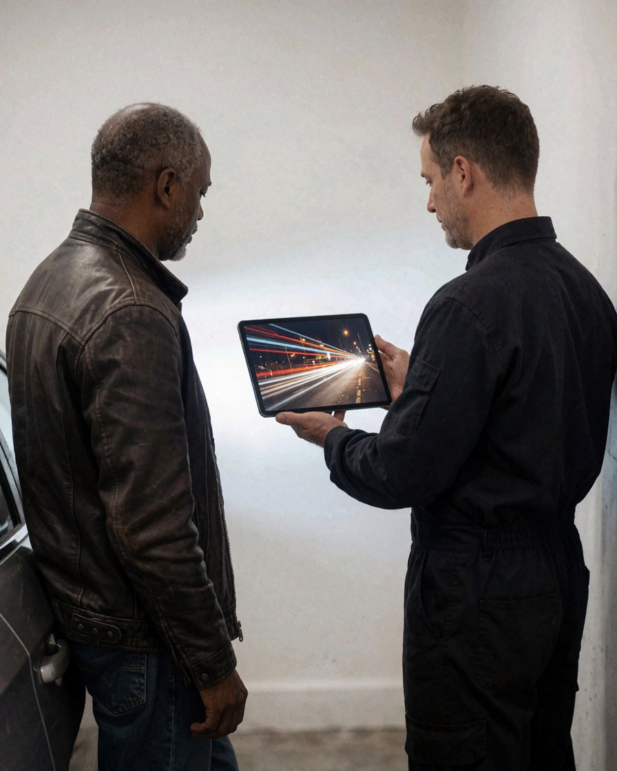 Un photographe cinétique présente à un client satisfait une image de longue exposition sur une tablette, près d'une voiture dans un atelier aux murs blancs.
